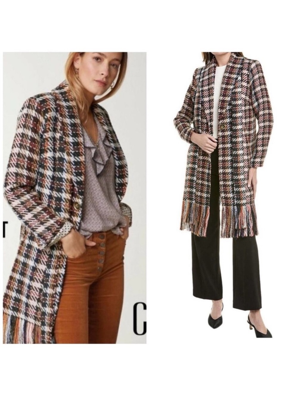CAbi Regency Multi-Color Plaid Fringe Coat size Medium M